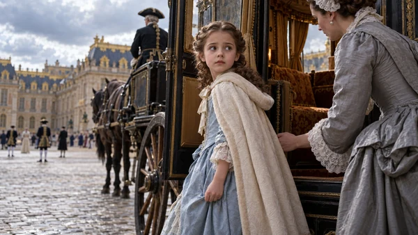 Reconstitution illustrée de Marie-Anne-Victoire enfant près d’un carrosse
